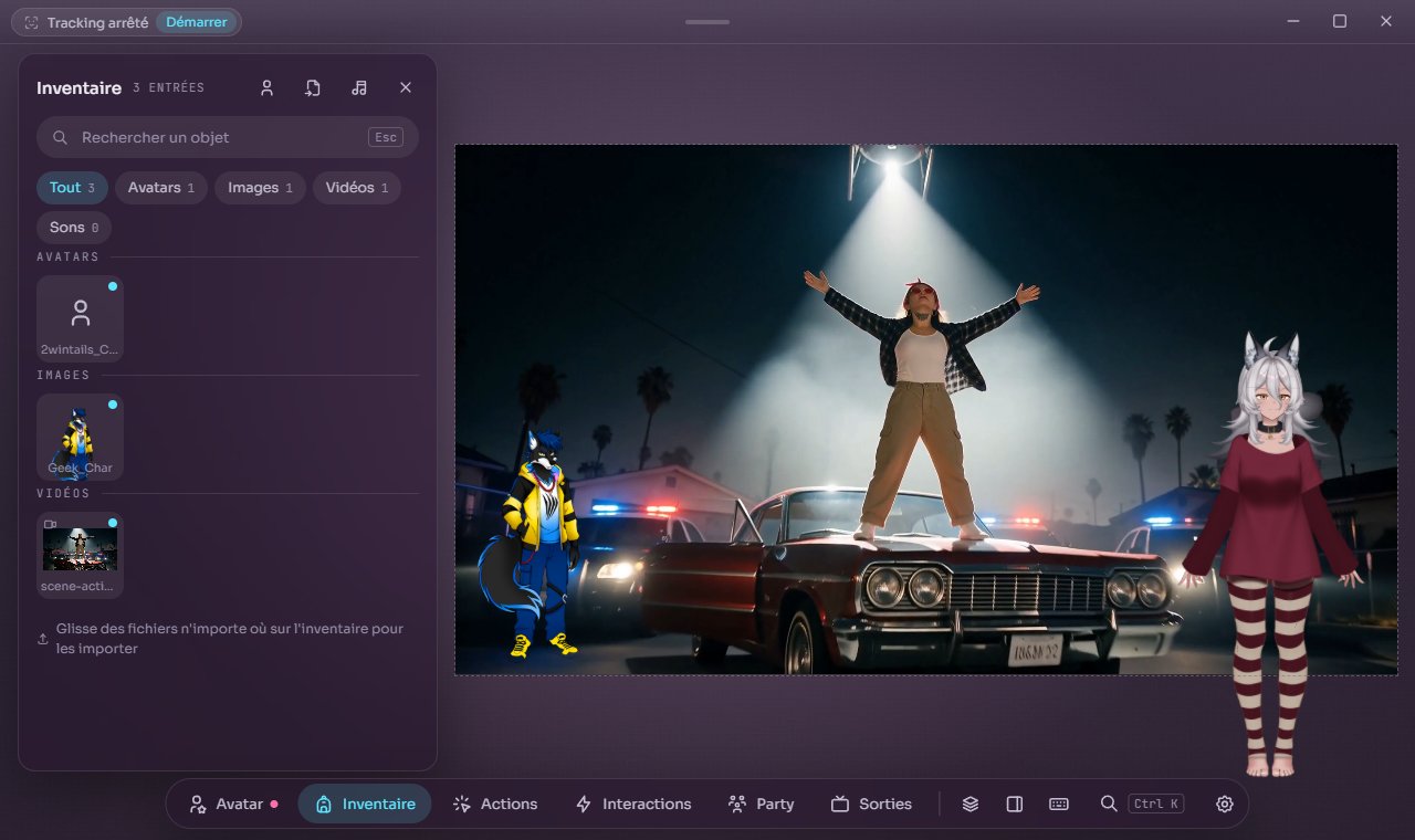 La fenêtre de VTrix : l'inventaire ouvert à gauche, la scène cadrée dans l'espace libre à côté avec une vidéo, un personnage en image et un avatar Live2D, le dock compact en bas
