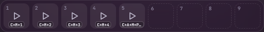 La hotbar : sous les cases 1 à 4, C+M+1 à C+M+4 ; sous la case 5, un raccourci à quatre touches coupé en C+A+M+P…