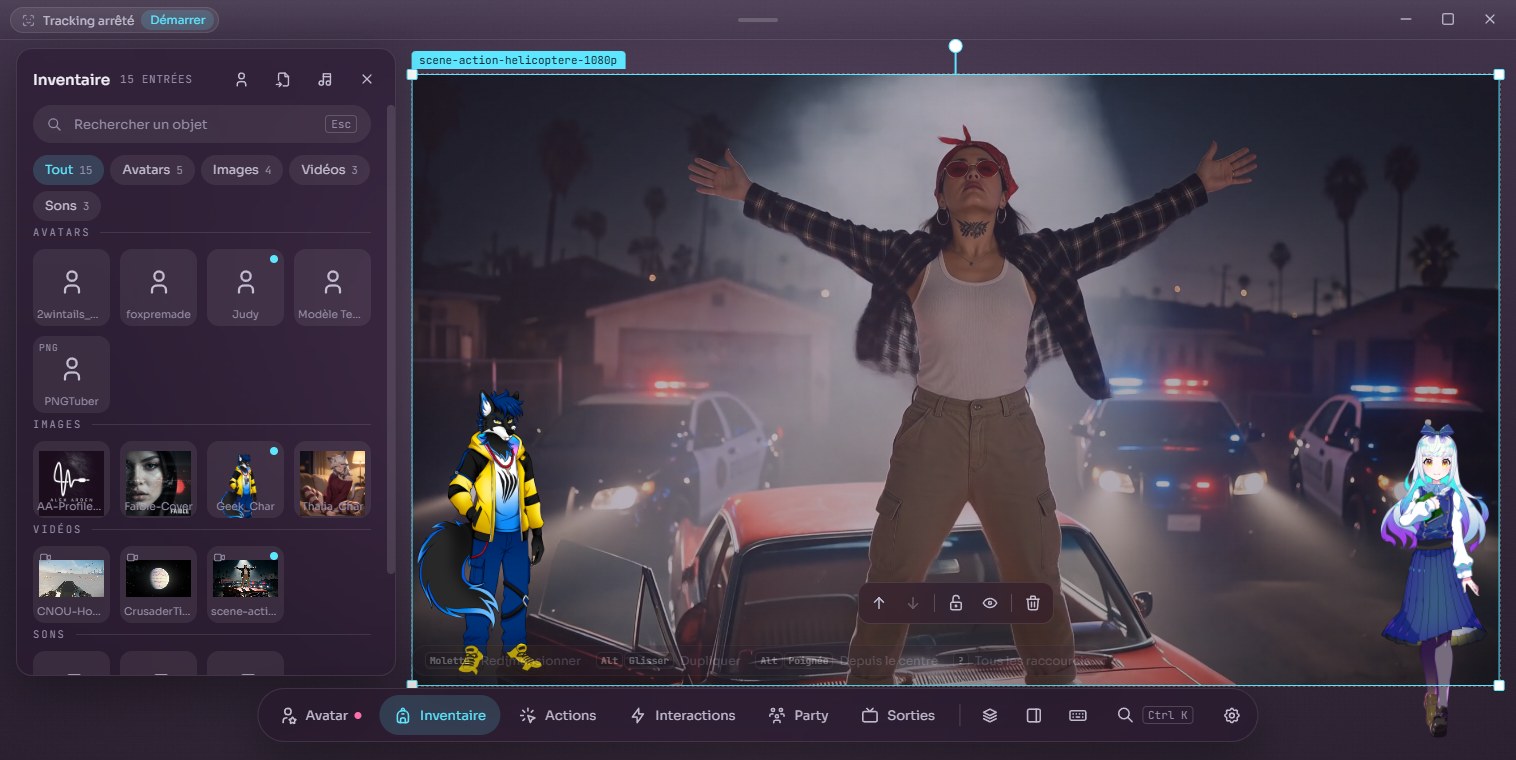 Fenêtre de VTrix : l'inventaire ouvert à gauche, la scène entière cadrée dans la place libre à droite, avec son liseré de sortie