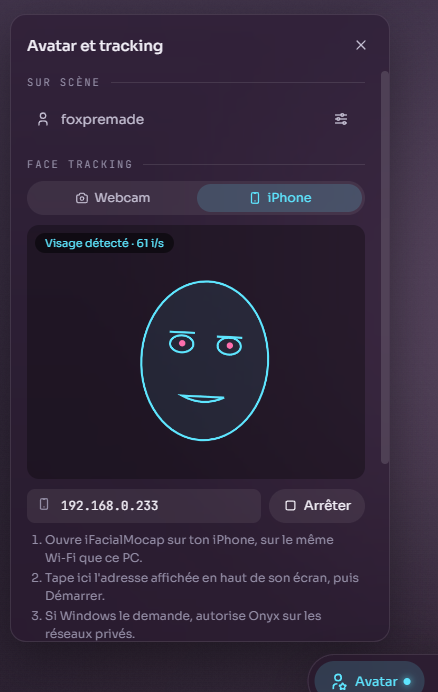 Panneau Avatar et tracking : source iPhone, visage détecté à 61 images par seconde