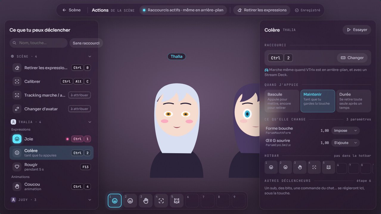 Maquette de l'écran Actions de la scène avec deux avatars, liste des actions et hotbar