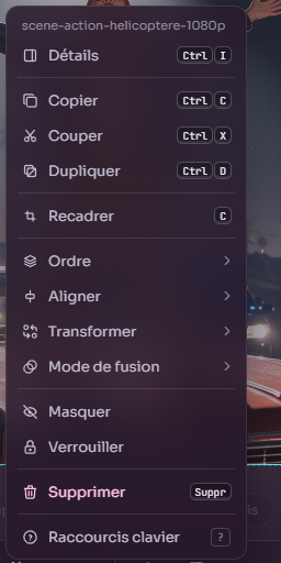 Menu clic droit en verre sur une vidéo : Détails, Copier, Couper, Dupliquer, Recadrer, sous-menus Ordre, Aligner, Transformer, Mode de fusion, Masquer, Verrouiller, Supprimer, Raccourcis clavier