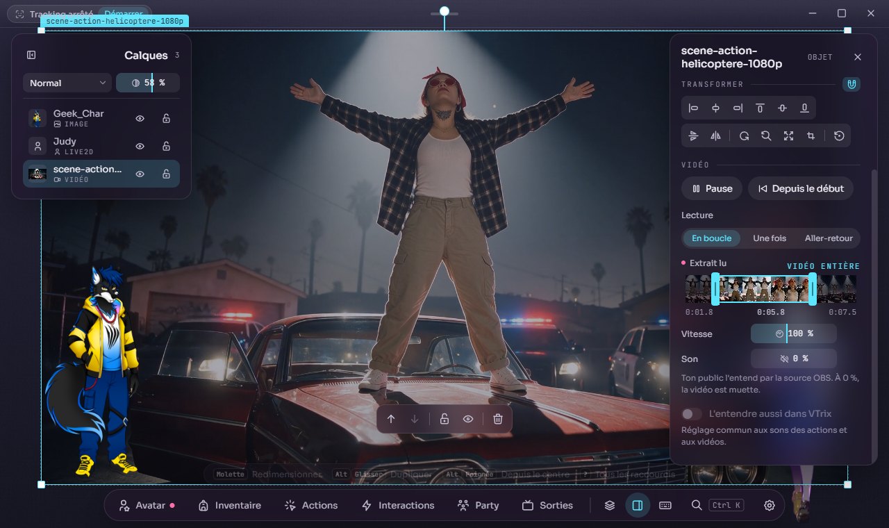 La fenêtre de VTrix : une vidéo plein cadre sélectionnée, le panneau Détails ouvert sur sa section Vidéo avec l'extrait réglé de 1,8 à 7,5 secondes