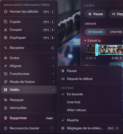 Menu clic droit d'une vidéo, sous-menu Vidéo : Pause, Depuis le début, Lecture en boucle cochée, Une fois, Aller-retour, Muette cochée, Réglages de la vidéo