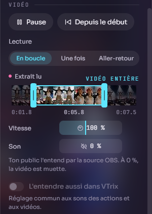 Section Vidéo : Pause, Depuis le début, Lecture en boucle / une fois / aller-retour, Extrait lu avec ses poignées, Vitesse 100 %, Son 0 %, interrupteur L'entendre aussi dans VTrix grisé